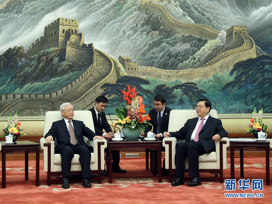 1月13日，中共中央政治局常委、全國(guó)人大常委會(huì)委員長(zhǎng)張德江在北京人民大會(huì)堂會(huì)見(jiàn)越共中央總書(shū)記阮富仲。 新華社記者 劉衛(wèi)兵 攝