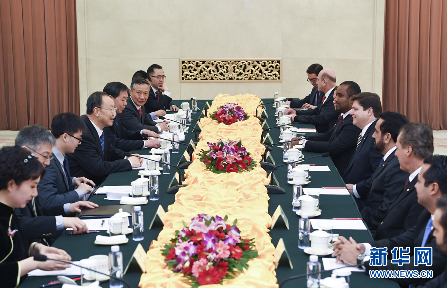 3月22日，中共中央書記處書記、全國(guó)政協(xié)副主席杜青林在北京會(huì)見巴西民主運(yùn)動(dòng)黨眾議院黨團(tuán)領(lǐng)袖羅西率領(lǐng)的該黨干部考察團(tuán)。 新華社記者張領(lǐng)攝