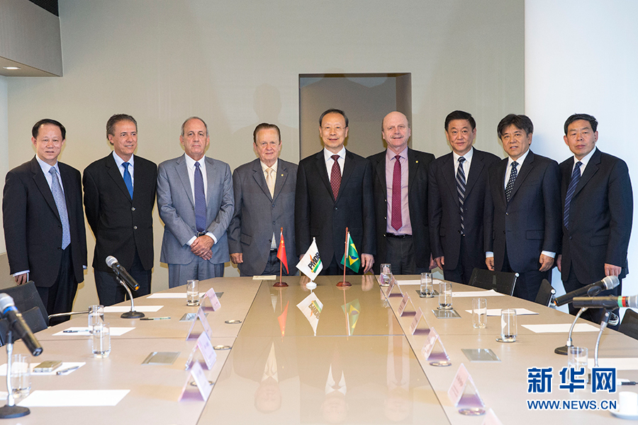 7月11日，在巴西首都巴西利亞，中共中央書記處書記、全國(guó)政協(xié)副主席杜青林（中）會(huì)見(jiàn)巴西民主運(yùn)動(dòng)黨總書記毛羅&middot;洛佩斯（左四）。新華社記者李明攝