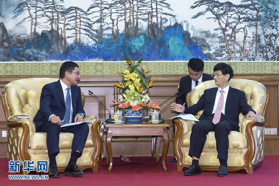 7月19日，中共中央政治局委員、中央政法委書記孟建柱在北京會見烏茲別克斯坦副總理庫奇卡羅夫。 新華社記者崔新鈺攝