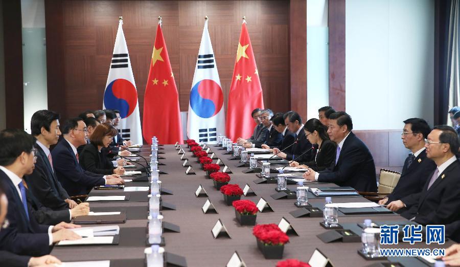 7月4日，國家主席習(xí)近平在首爾會見韓國總理鄭烘原。 新華社記者謝環(huán)馳攝 