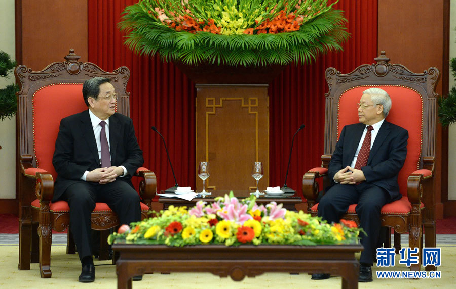 12月25日至27日，中共中央政治局常委、全國政協(xié)主席俞正聲對越南進行正式訪問。這是12月26日，俞正聲在河內(nèi)會見越共中央總書記阮富仲。 新華社記者馬占成攝