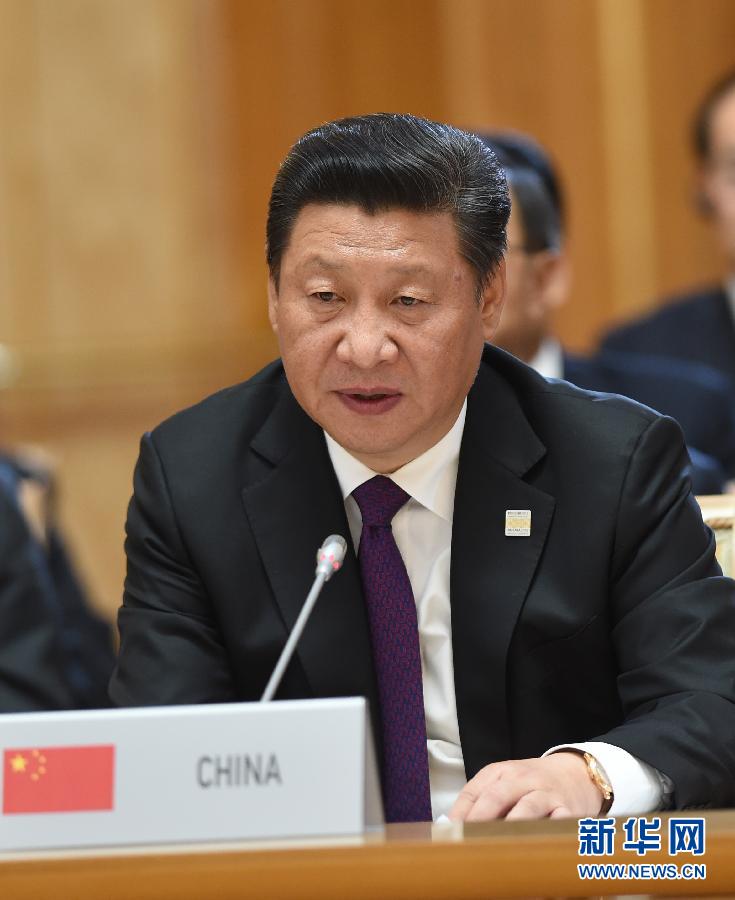 7月9日，金磚國(guó)家領(lǐng)導(dǎo)人第七次會(huì)晤在俄羅斯烏法舉行。中國(guó)國(guó)家主席習(xí)近平、俄羅斯總統(tǒng)普京、巴西總統(tǒng)羅塞夫、印度總理莫迪、南非總統(tǒng)祖馬出席。這是習(xí)近平發(fā)表題為《共建伙伴關(guān)系　共創(chuàng)美好未來》的主旨講話。新華社記者 饒愛民 攝 